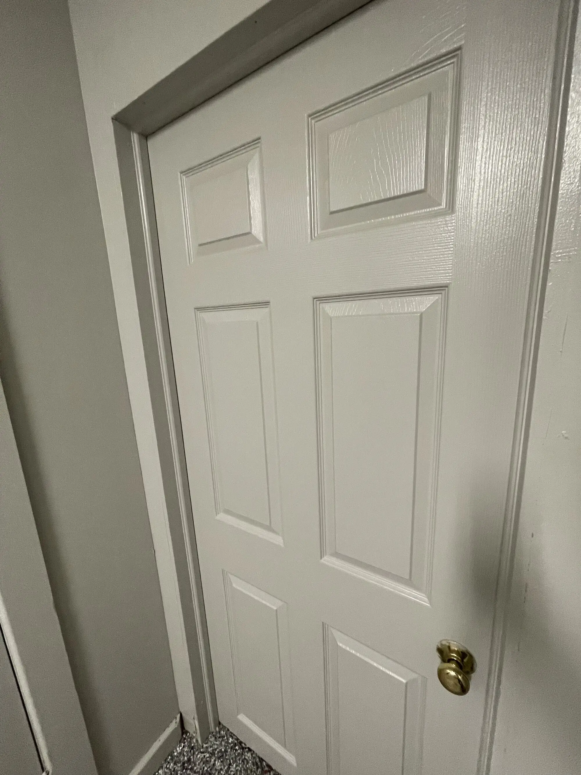 Six panel interior door finished in white against a painted wall